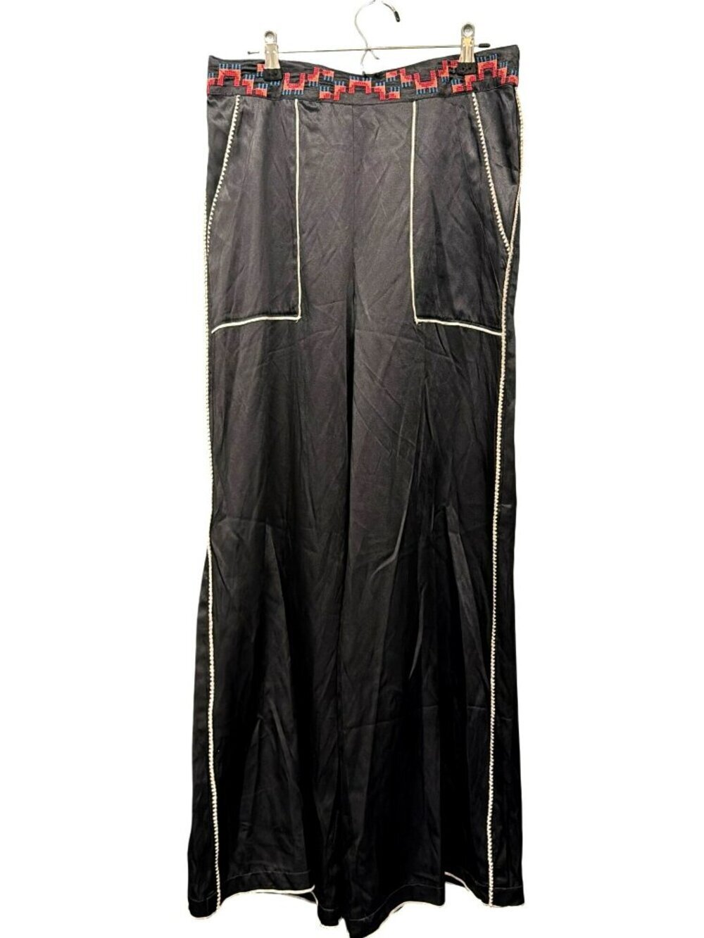 Johnny Was Embroidered Black SatinPants Wide Leg Size Small New